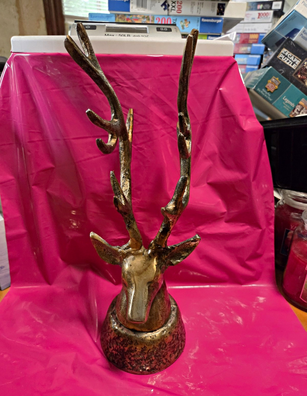 Brass Finished Metal Deer Stag Head Bust Sculpture w/ Antlers Gold Brown 16 in